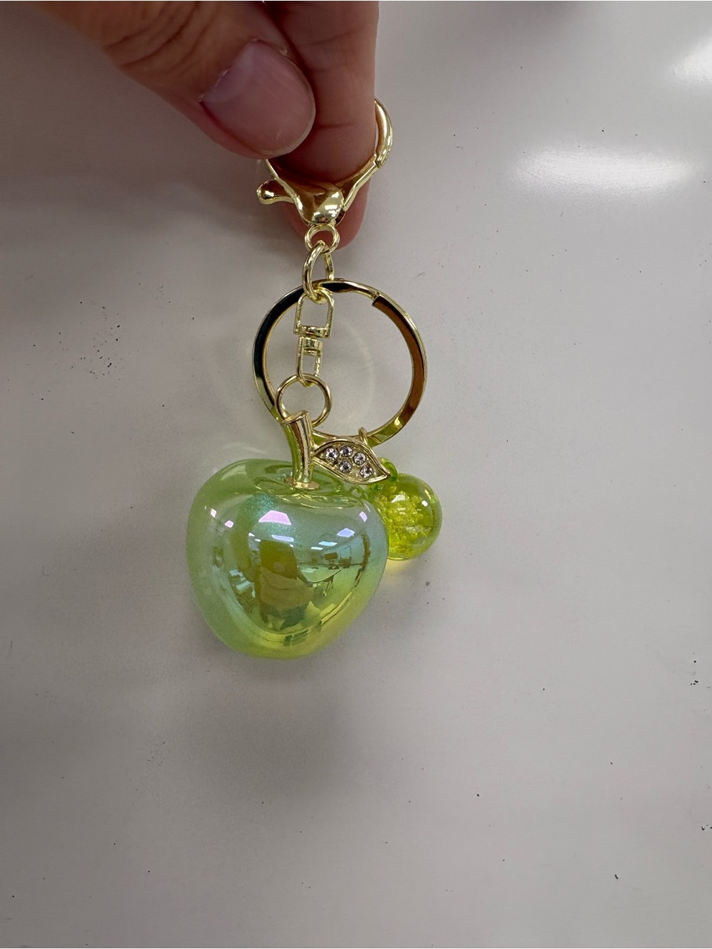 NWOT Iridescent Lime Green Glass Apple Keychain Charm Gold Rhinestone Leaf Cute